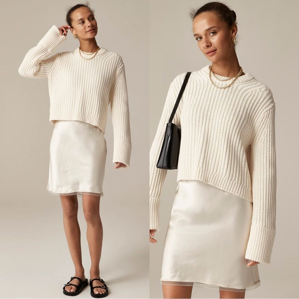 NWT J CREW Heritage cotton fisherman crewneck sweater in Ivory/white